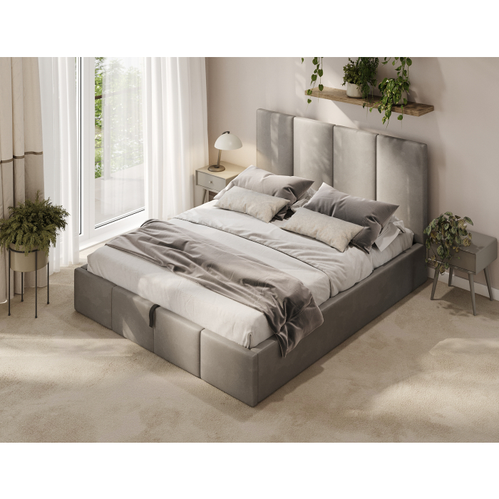 Bett in Grau mit weichem Kopfteil